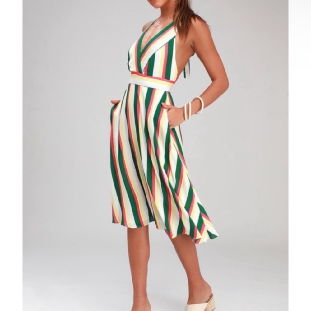 Lulus My Passion Green White Pink Multicolor Stripe Halter Midi Dress